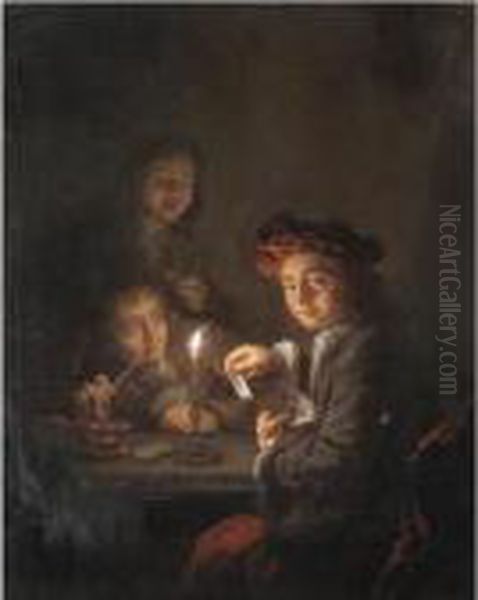 A Candlelit Interior With Boys Playing Cards Oil Painting by Arnold Boonen