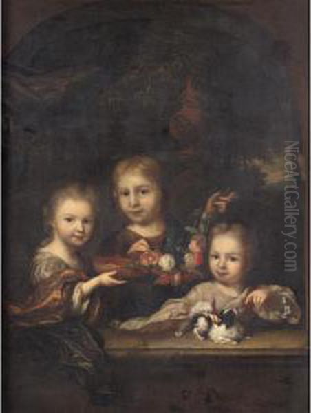 Portrait Of Three Children, Said
 To Be Joan, Agathea Lavina And Anna Elisabeth Geelvinck, One Holding A 
Bowl, Another A Flower Wreath And The Smallest Stroking A Dog, In A 
Stone Niche, A Landscape Beyond Oil Painting by Arnold Boonen