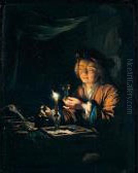 A Candlelit Interior, With A Young Man Seated At A Table, Holding A Roemer Oil Painting by Arnold Boonen