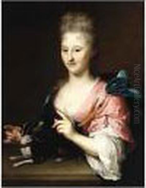 A Portrait Of A Lady, Standing Half Length, Wearing A Pink And White Oil Painting by Arnold Boonen