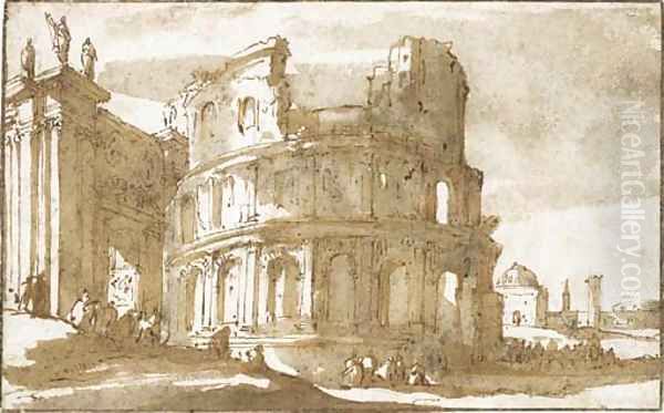 Figures by a ruined Roman building Oil Painting by Jan de Bisschop