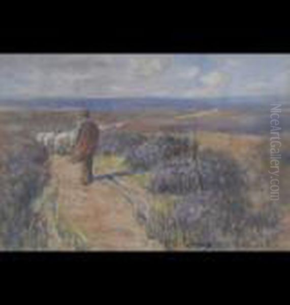 Shepherd With Sheep On A Moorland Track Oil Painting by James William Booth