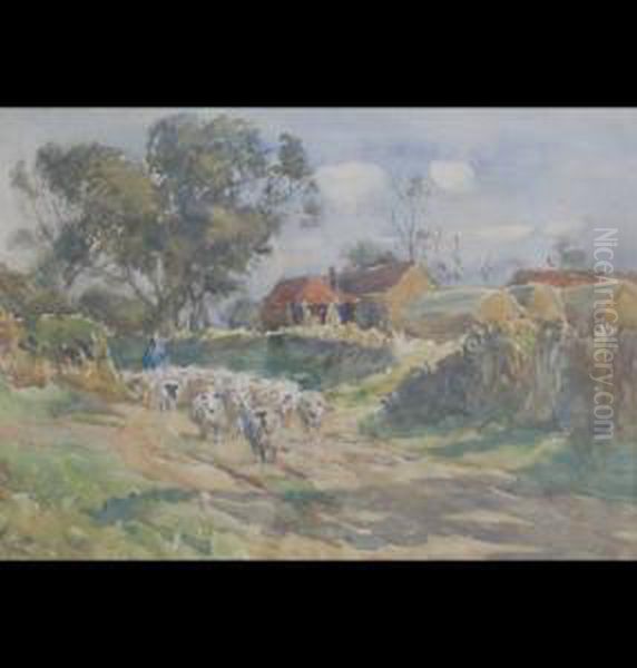 Sheep On A Village Lane With Shepherd Oil Painting by James William Booth