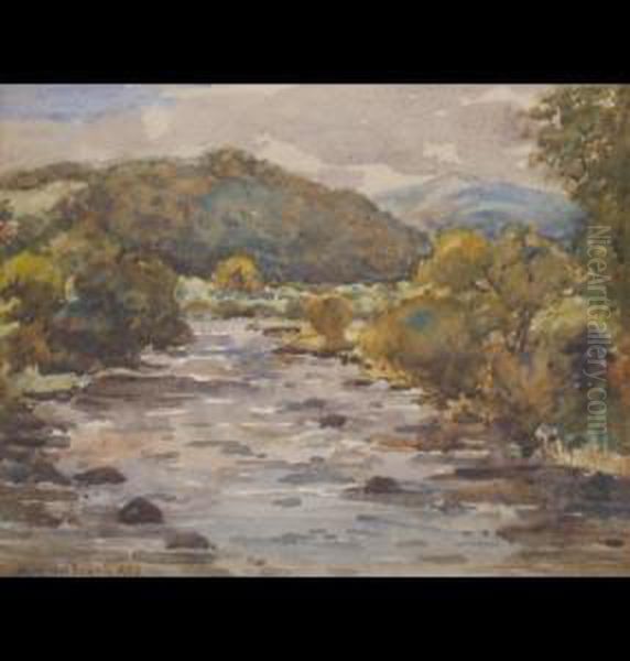 Yorkshire River Landscape With Trees And Hills In The Distance Oil Painting by James William Booth