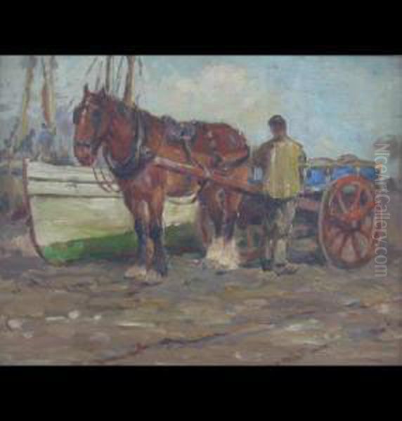 Unloading The Catch From Yorkshire Cobbles Into A Cart Oil Painting by James William Booth