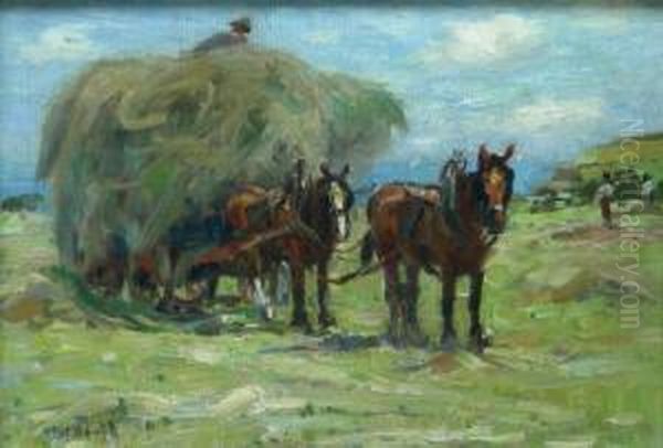 Leading Hay At Cowbar Nr Staithes With Penny Nab In The Distance Oil Painting by James William Booth