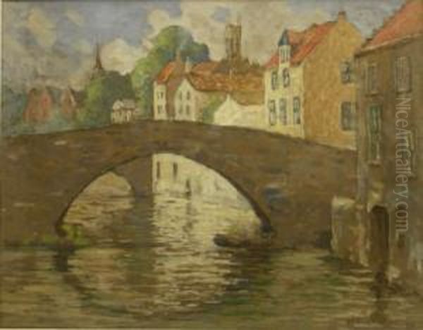 Stone Bridge Leading To The Town Oil Painting by James William Booth