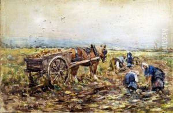 Gathering The Harvest, With Cart Horse Oil Painting by James William Booth