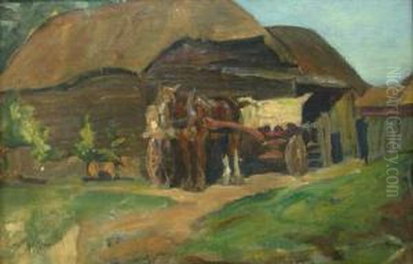 Horse And Cart With Farm Oil Painting by James William Booth