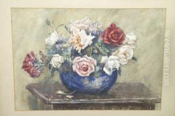 R.cam.a., R.c.a. Still Life Of Roses In A Blue Bowl Signed Oil Painting by James William Booth