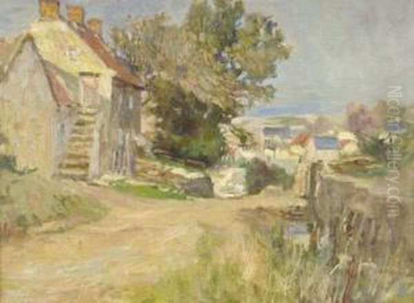 R.cam.a., R.c.a. Cottages 
Beside A Lane Leading Down To The Sea, Possibly A View At Staithes Or 
Runswick Bay Signed And Indistinctly Dated Oil Painting by James William Booth