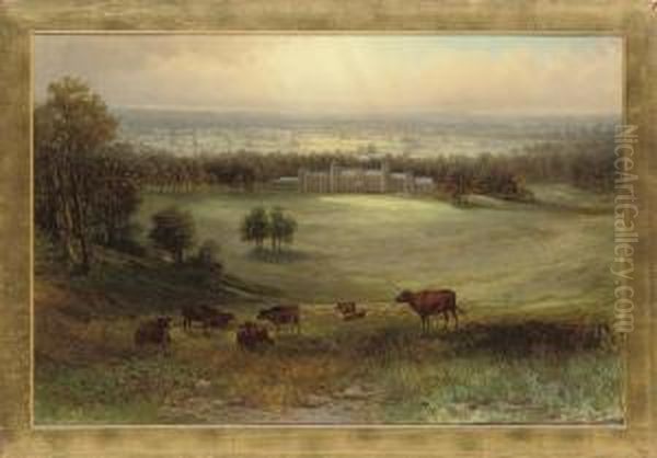 Cattle On A Hillside, A Country House In The Distance Oil Painting by Samuel Lawson Booth