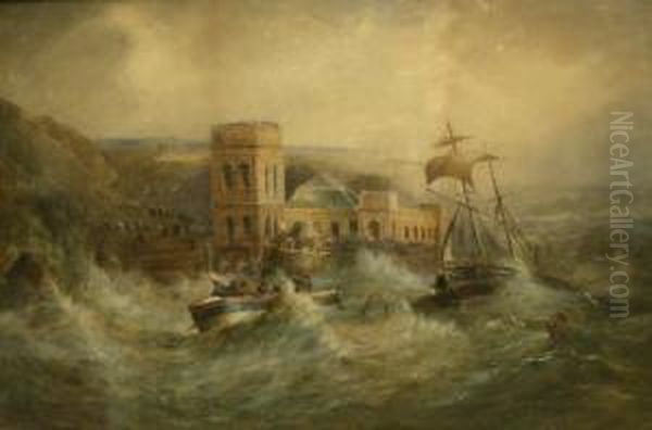 The Great Storm Scarborough With The Lifeboat Off The Spa Oil Painting by Frederick William Booty