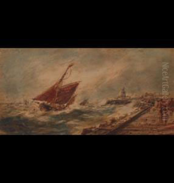 Fishing Boats In Rough Seas,figures On The Pier Oil Painting by Frederick William Booty