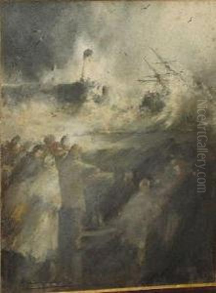 A Wreck Off Whitby Pier With Figures Looking On Oil Painting by Frederick William Booty