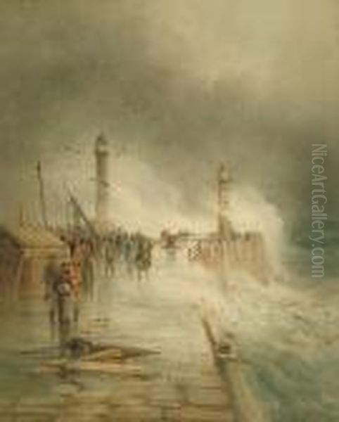 Whitby Pier With Fisherfolk And Other Figures Oil Painting by Frederick William Booty