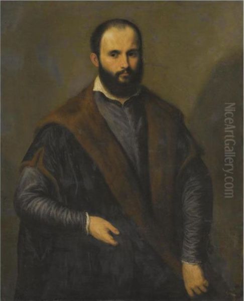 Portrait Of A Bearded Man, 
Three-quarter Length, Wearing A Blackfur-lined Coat, Holding A Cap In 
His Right Hand Oil Painting by Paris Bordone