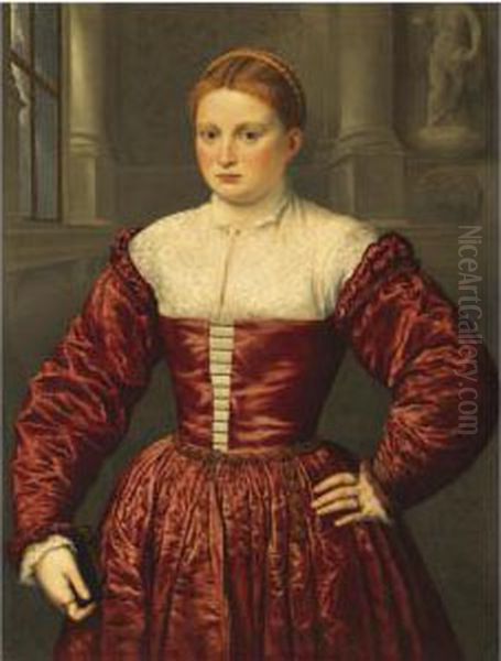 Portrait Of A Lady, 
Traditionally Believed To Be Of The Fuggerfamily, Standing Three-quarter
 Length Within A Palace Interior,wearing A Crimson Satin Dress And 
Holding A Prayer-book In Herright Hand Oil Painting by Paris Bordone