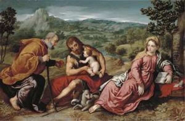 The Holy Family With Saint John The Baptist In An Extensive Landscape Oil Painting by Paris Bordone