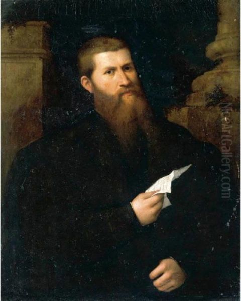 A Portrait Of A Bearded Gentleman, Half Length, Reading A Letter Oil Painting by Paris Bordone