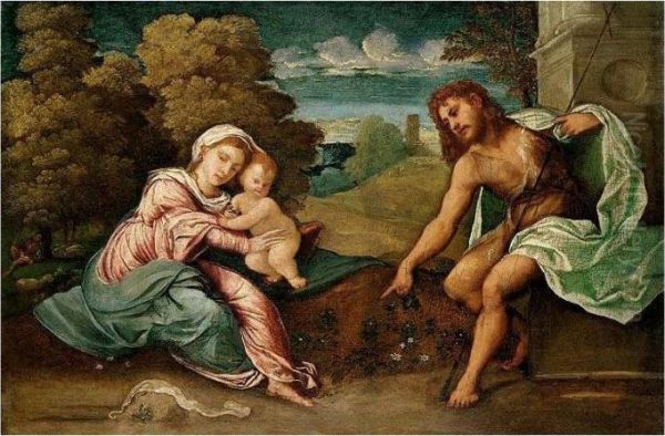 The Madonna And Child With Saint John The Baptist In A Landscape Oil Painting by Paris Bordone