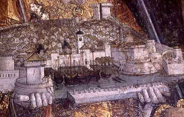 The walled city carried by St. Blaise (detail) Oil Painting by Nikola Bozidarovic