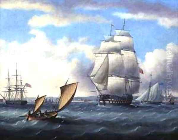 'Euryalus' (Capt. Blackwood), 'Thunderer' and 'Ajax' leaving Plymouth on the way to Cadiz and the Battle of Trafalgar (1805), Lugger in the foreground Oil Painting by Thomas Buttersworth