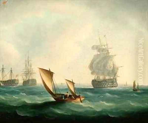 British Men-o'-war and a Hulk in a Swell, a Sailing Boat in the Foreground Oil Painting by Thomas Buttersworth