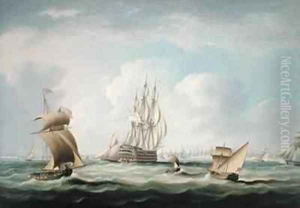 A First Rate with a Vice Admiral of the White Board and other Craft in Cadiz Bay Oil Painting by Thomas Buttersworth