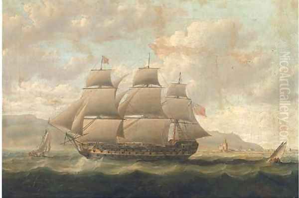 A Royal Naval three-decker running past a Spanish fortress during the Napoleonic blockade Oil Painting by Thomas Buttersworth