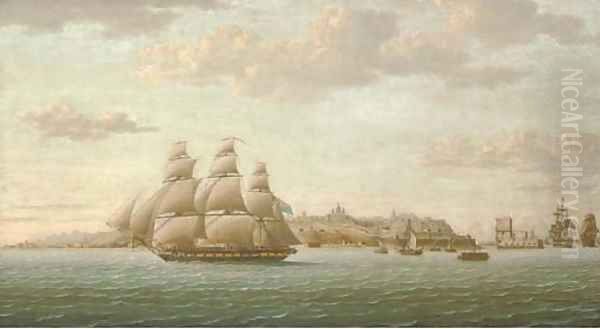 Captain Lord Cochrane's frigate Pallas leaving the Tagus under full sail, the city of Lisbon beyond and the Belem Tower receding astern Oil Painting by Thomas Buttersworth