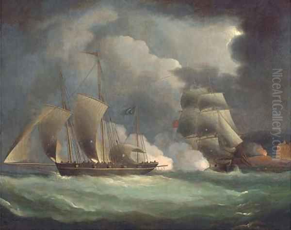 A British man-o'war engaging a pirate lugger off the coast Oil Painting by Thomas Buttersworth