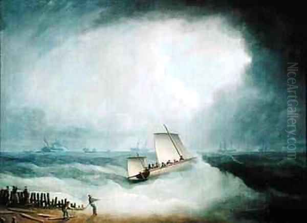 A Deal Lugger Going off to a Storm bound Ship in the Downs, South Foreland Oil Painting by Thomas Buttersworth