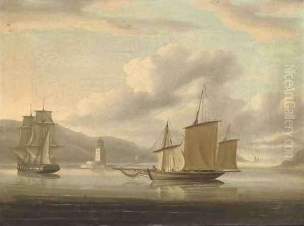 A Royal Naval frigate towing a lugger past the Belem Tower with the fleet standing out to sea Oil Painting by Thomas Buttersworth