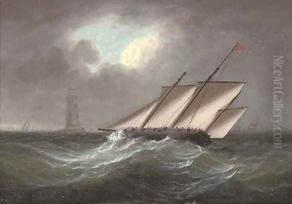 An armed lugger heeling in the breeze off the Eddystone lighthouse Oil Painting by Thomas Buttersworth