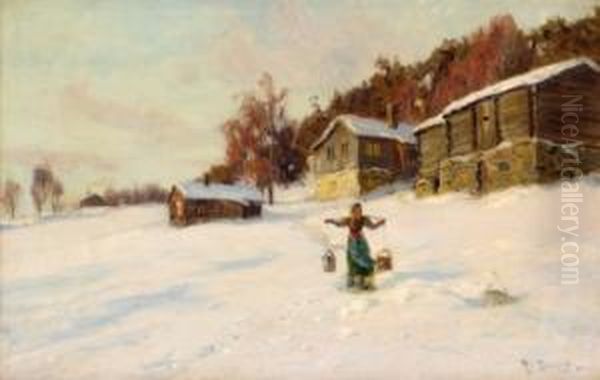 Kvinne Ved Gard I Vinterlandskap Oil Painting by Fredrik Borgen