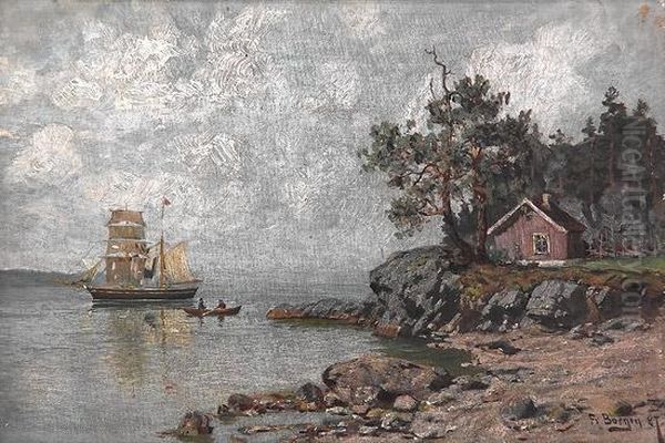 Skjaergardslandskap Med Seilskute 1887 Oil Painting by Fredrik Borgen