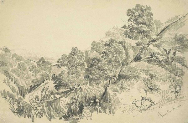 Chile - Two Sketches: 'ravin De Huechun'; And Landscape Oil Painting by Auguste Borget