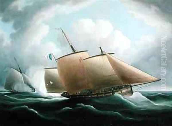 A French Lugger Pursued by an English Cutter Oil Painting by Thomas Buttersworth