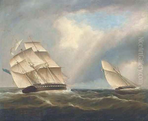 A frigate of the Royal Navy pursuing a French naval sloop Oil Painting by Thomas Buttersworth