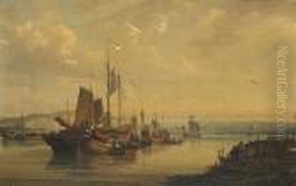 A View Of Junks On The Pearl River, China Oil Painting by Auguste Borget