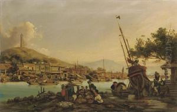 Harbour Scene In The Pearl River
 Delta With Fisherfolk In Theforeground And A Pagoda On A Hilltop Beyond Oil Painting by Auguste Borget