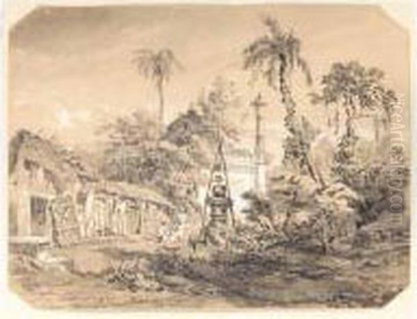 An Old Mosque Near Calcutta; An Indian Street Oil Painting by Auguste Borget