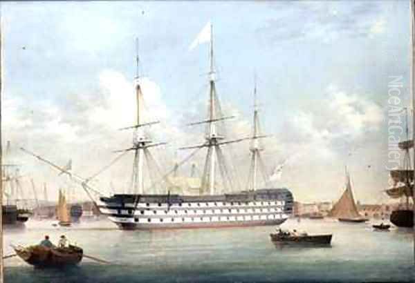 H.M.S. Britannia lying off Plymouth Oil Painting by Thomas Buttersworth