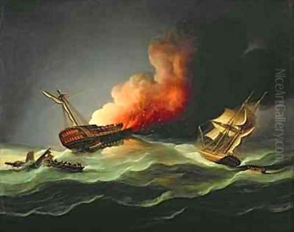 The East Indiaman Kent on Fire in the Bay of Biscay Oil Painting by Thomas Buttersworth