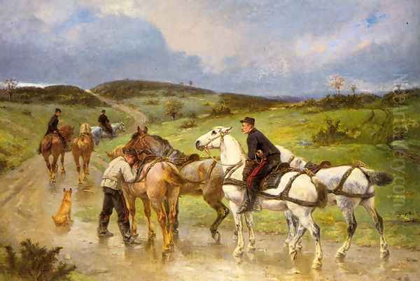 Changing Horses Oil Painting by Pierre Auguste Brunet-Houard