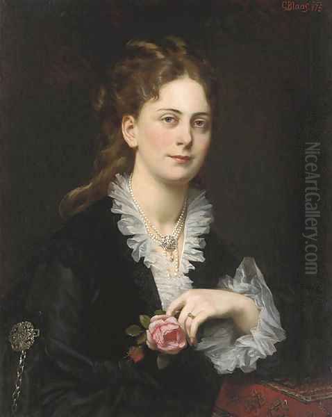 Portrait of Antonie Freifrau von Doblhoff, bust-length, holding a rose Oil Painting by Carl Von Blaas