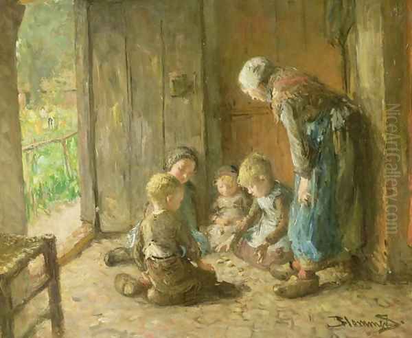 Playing Jacks on the Doorstep Oil Painting by Bart-John Blommers (or Bloomers)