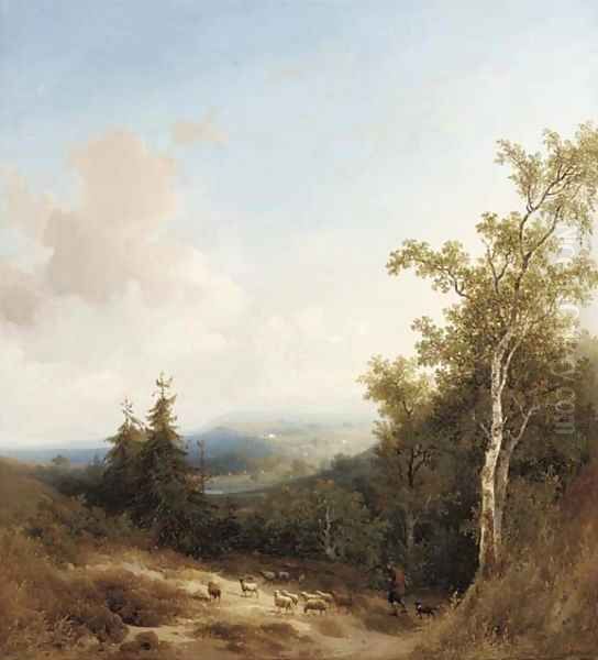 A shepherd on a mountain path, a valley beyond Oil Painting by Johannes Warnardus Bilders