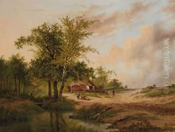 A wooded landscape with peasants at work near a cottage Oil Painting by Johannes Warnardus Bilders